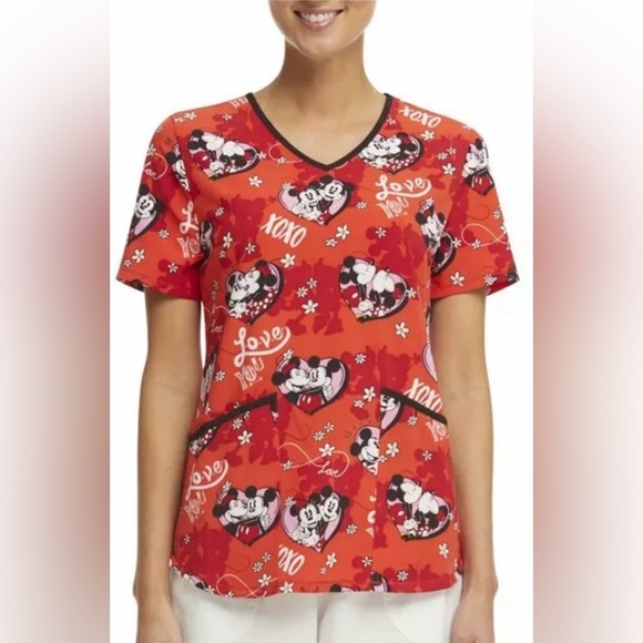 Scrubstar Women’s Size Small Valentines Disney Mickey Forever Red Scrub Top NWT - Picture 1 of 8